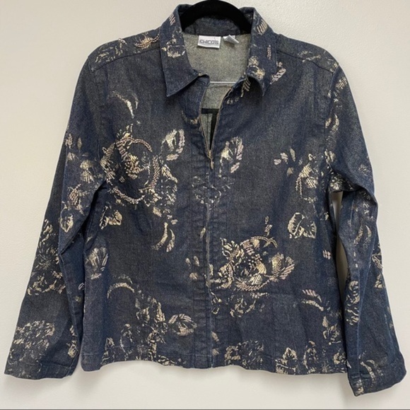 Chico’s Denim Jacket With Gold Print & Bead Detail - Picture 1 of 5